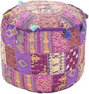 aakriti gallery indian pouf footstool cover, ethnic embroidered pouf, indian cotton 🪔 round pouffe ottoman cover, pouf pillow ethnic decor art - cover only (purple, 18x13) logo