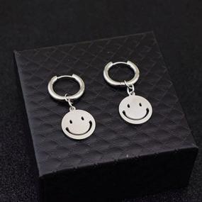 img 1 attached to Stainless Steel Smiley Coin Dangle Drop Small Hoop Earrings for Women, Girls, Men - 😊 Happy Face Disc Vintage Huggie Hoops, Nickel Free Jewelry: Cartilage Cuff Clip Earring, Hypoallergenic & Stylish