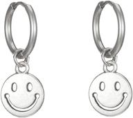 stainless steel smiley coin dangle drop small hoop earrings for women, girls, men - 😊 happy face disc vintage huggie hoops, nickel free jewelry: cartilage cuff clip earring, hypoallergenic & stylish logo