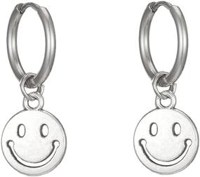 img 4 attached to Stainless Steel Smiley Coin Dangle Drop Small Hoop Earrings for Women, Girls, Men - 😊 Happy Face Disc Vintage Huggie Hoops, Nickel Free Jewelry: Cartilage Cuff Clip Earring, Hypoallergenic & Stylish