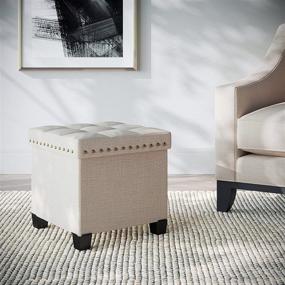 img 4 attached to 🪑 Nathan James Payton Foldable Ottoman: Fabric Cube Footstool in Beige with Wooden Lid, Ideal for Footrest, Storage, and Seating
