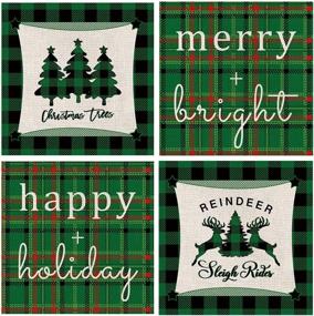 img 3 attached to 🎄 Set of 4 Farmhouse Christmas Pillow Covers, 18 x 18 Inch, Green Buffalo Check Party Pillowcase with Tree and Reindeer Design - Home Decorations Cushion Case for Sofa Couch