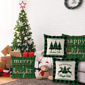 img 2 attached to 🎄 Set of 4 Farmhouse Christmas Pillow Covers, 18 x 18 Inch, Green Buffalo Check Party Pillowcase with Tree and Reindeer Design - Home Decorations Cushion Case for Sofa Couch