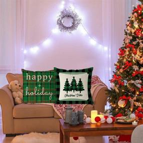 img 1 attached to 🎄 Set of 4 Farmhouse Christmas Pillow Covers, 18 x 18 Inch, Green Buffalo Check Party Pillowcase with Tree and Reindeer Design - Home Decorations Cushion Case for Sofa Couch