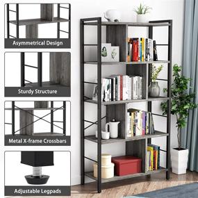 img 2 attached to Armocity Grey 5-Tier Industrial Bookcase - Wood Metal Frame Bookshelf Stand for Bedroom Living Room Home Office Decor