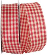 reliant ribbon tea dye gingham 3 wired edge ribbon - 1.5 inch x 25 yards, vibrant red color logo