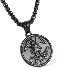 img 2 attached to HZMAN Saint Michael Archangel Stainless Steel Pendant Necklace: Round Jewelry Medal with a 22 + 2 Inch Chain