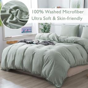 img 1 attached to 🛌 Andency Sage Green Pom Pom Fringe Duvet Cover Queen Size (90x90 Inch), 3 Piece Set (1 Duvet Cover, 2 Pillowcases) Soft Washed Microfiber with Zipper Closure, Corner Ties