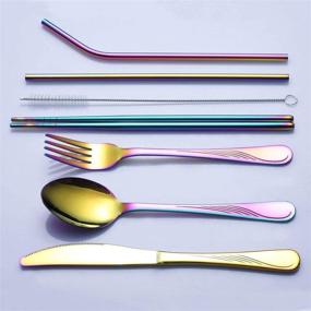 img 3 attached to 🍽️ HOMQUEN Portable Utensils, Travel Camping Flatware Set, Stainless Steel Silverware Set with Knive, Fork, Spoon, Chopsticks, Straws, Brush, Portable Case (Colorful, 8-Piece)