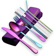 🍽️ homquen portable utensils, travel camping flatware set, stainless steel silverware set with knive, fork, spoon, chopsticks, straws, brush, portable case (colorful, 8-piece) logo