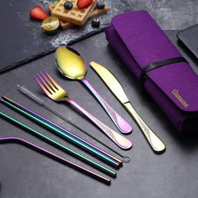 img 2 attached to 🍽️ HOMQUEN Portable Utensils, Travel Camping Flatware Set, Stainless Steel Silverware Set with Knive, Fork, Spoon, Chopsticks, Straws, Brush, Portable Case (Colorful, 8-Piece)