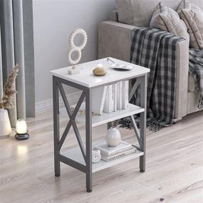 img 1 attached to 🌙 CubiCubi Oxford Side Table: Dual USB Charging Ports, Stylish Nightstand with Wooden Shelves, Rustic White Finish - Perfect for Living Room and Bedroom Décor