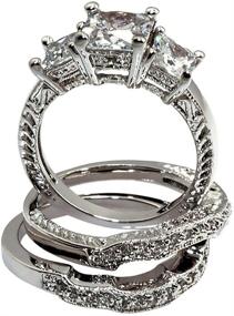 img 4 attached to Intricate Milgrain Design Princess-Shape Trio: 4 Ct. CZ Anniversary Bridal Engagement Wedding 3 Pc. Ring Set