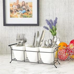 img 2 attached to 🍴 Ceramic Utensil Holder with Metal Stand - White, Flatware Caddy (13 x 4 x 5 Inches)