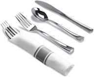 🍽️ 30-pack tiger chef pre-rolled napkin and cutlery set - white napkins with silver heavy-weight plastic silverware and napkin band set logo