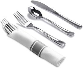 img 4 attached to 🍽️ 30-Pack Tiger Chef Pre-Rolled Napkin and Cutlery Set - White Napkins with Silver Heavy-Weight Plastic Silverware and Napkin Band Set