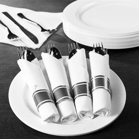img 1 attached to 🍽️ 30-Pack Tiger Chef Pre-Rolled Napkin and Cutlery Set - White Napkins with Silver Heavy-Weight Plastic Silverware and Napkin Band Set