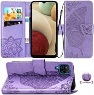 🦋 cmeka galaxy a12 wallet case for women - magnetic 3d butterfly leather folio with card slots, kickstand, and wrist strap - soft tpu protection - purple logo