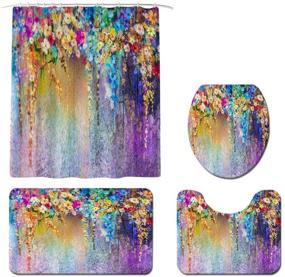 img 4 attached to 🚿 Waterproof Floral Shower Curtain Sets with Non-Slip Rugs, Toilet Lid Cover and Bath Mat - Colorful Weeping Flowers Design, 12 Hooks Included