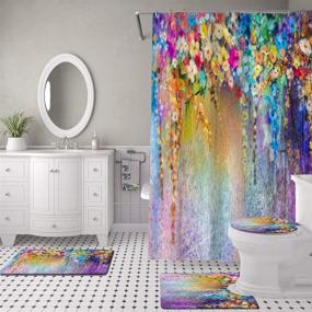 img 2 attached to 🚿 Waterproof Floral Shower Curtain Sets with Non-Slip Rugs, Toilet Lid Cover and Bath Mat - Colorful Weeping Flowers Design, 12 Hooks Included