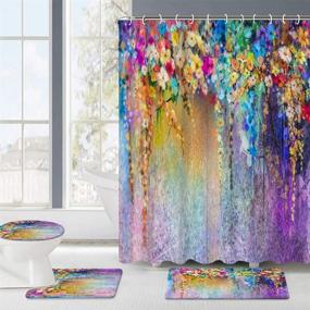 img 3 attached to 🚿 Waterproof Floral Shower Curtain Sets with Non-Slip Rugs, Toilet Lid Cover and Bath Mat - Colorful Weeping Flowers Design, 12 Hooks Included