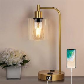 img 4 attached to Qimh Industrial Touch Control Table Lamp: 3-Way Dimmable Bedside Lamp with USB Ports, AC Outlets and Glass Lampshade - Perfect for Bedroom, Office (Gold)