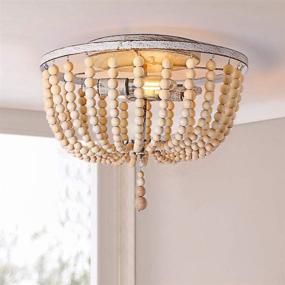 img 4 attached to Flush Mount Wood Beaded Chandelier, Hand Painted Oak Wood Finish, 2-Light Farmhouse Lighting Fixture for Entryway, Hallway, Foyer, Bedroom, Stairway