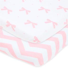 img 4 attached to 🎀 Snuggly Soft Jersey Cotton Pack and Play Sheets Fitted Set for Graco Pack n Play Playard - 2 Pack - Pink Bows Chevron Design for Baby Girl