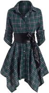 👗 chouyatou women's roll-up sleeve plaid shirt dress: midi length with removable belt and handkerchief hem logo