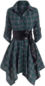 img 3 attached to 👗 Chouyatou Women's Roll-Up Sleeve Plaid Shirt Dress: Midi Length with Removable Belt and Handkerchief Hem