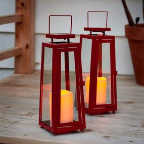 img 1 attached to 🏮 Waterproof Red Metal Outdoor Solar Lanterns - 11 Inch with Glass, Flameless Pillar Candles, Dusk to Dawn Timer, Flickering LED Lights, Rustic Vintage Fall/Autumn Decorations for Patio - Set of 2