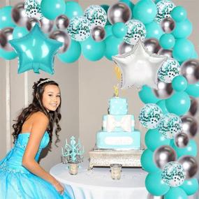 img 1 attached to Teal Blue Silver Birthday Party Balloon Decorations Set with Garland Kit, Mint Green Star Balloons, Turquoise Blue Happy Birthday Banners, and Curtain for Her, Women, Girls