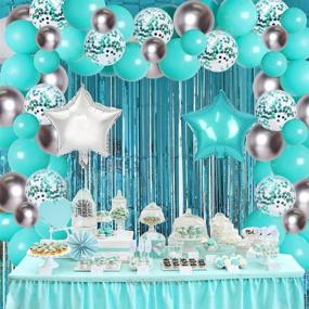 img 3 attached to Teal Blue Silver Birthday Party Balloon Decorations Set with Garland Kit, Mint Green Star Balloons, Turquoise Blue Happy Birthday Banners, and Curtain for Her, Women, Girls