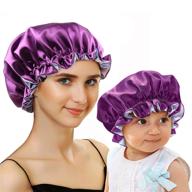 mommy and me satin bonnet set - double layered purple/blue hair 💜 caps for women, babies, kids, and toddlers - adjustable sleep cap for curly hair logo