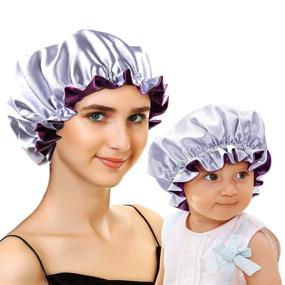 img 3 attached to Mommy and Me Satin Bonnet Set - Double Layered Purple/Blue Hair 💜 Caps for Women, Babies, Kids, and Toddlers - Adjustable Sleep Cap for Curly Hair