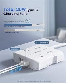 img 2 attached to 💡 Компактная полоса питания с USB C, Power Delivery и 4 розетками, 2 USB-A 3.0 и 2 USB-C (20W), плоский удлинительный шнур длиной 5 футов с плоской вилкой и выключателем, удобный для путешествий удлинитель розетки.