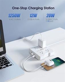 img 3 attached to 💡 Компактная полоса питания с USB C, Power Delivery и 4 розетками, 2 USB-A 3.0 и 2 USB-C (20W), плоский удлинительный шнур длиной 5 футов с плоской вилкой и выключателем, удобный для путешествий удлинитель розетки.