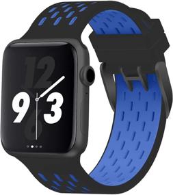 img 4 attached to Ремешок для спортивного силиконового заменителя для Apple Watch SE Series 6/5/4/3/2/1 - Дышащий и мягкий ремешок для женщин и мужчин - Совместим с Apple Watch 38 мм / 40 мм / 42 мм / 44 мм - Черный / Синий + Черное крепление 42 мм / 44 мм