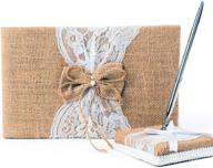 🎁 rustic burlap and lace wedding guest book set - elegant pen holder and silver pen included - 120 lined pages for guest thoughts - beautifully packaged in gift box (burlap bow with pearl center) логотип