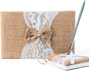 img 4 attached to 🎁 Rustic Burlap and Lace Wedding Guest Book Set - Elegant Pen Holder and Silver Pen Included - 120 Lined Pages for Guest Thoughts - Beautifully Packaged in Gift Box (Burlap Bow with Pearl Center)