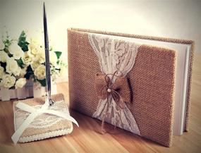 img 3 attached to 🎁 Rustic Burlap and Lace Wedding Guest Book Set - Elegant Pen Holder and Silver Pen Included - 120 Lined Pages for Guest Thoughts - Beautifully Packaged in Gift Box (Burlap Bow with Pearl Center)