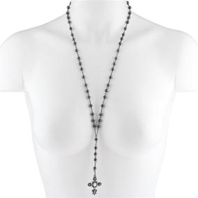 img 1 attached to 📿 LUX ACCESSORIES Rhinestone Long Cross Beads Necklace with Crystal Black Rosary Design – Catholic Chain