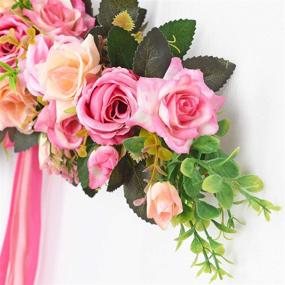 img 2 attached to 🌸 Lvydec Artificial Rose Flower Swag, 25-Inch Decorative Pink Rose Swag with Green Leaves and Silk Ribbon for Wedding Arch, Front Door, and Wall Décor