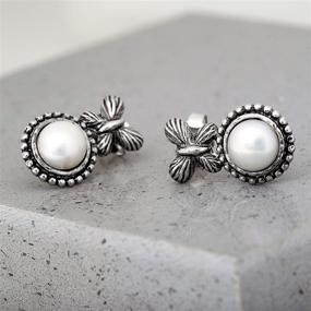 img 3 attached to 🦋 PZ Paz Creations Butterfly Textured Sterling Silver Cultured Pearl Stud Earrings for Women Girls, Hypoallergenic for Pierced Ears