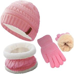 img 4 attached to ❄️ 3Pcs Kids Winter Beanie Hat Scarf Gloves Set for 2-10 Years Old Boys Girls: Warm Knit Thick Fleece Lined Thermal Sets