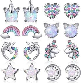 img 4 attached to 🐱 8 Pairs Cute Cat Star Unicorn Stud Earrings Set - Tiny Earrings for Girls