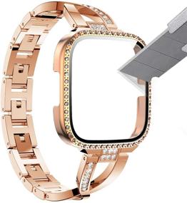 img 4 attached to 💎 Seltureone Fitbit Versa 2 Band with Screen Protector PC Case - X-Shaped Rhinestone Jewelry Wristband & Bling Full Cover Protective Case in Rose Gold