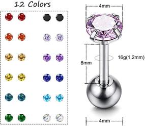 img 3 attached to Stylish 12 Pairs CZ Ear Stud Mixed Colors Set: Stainless Steel Barbell Studs & Helix Tragus Piercing Earrings