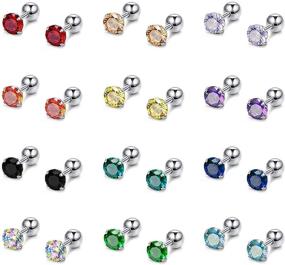 img 4 attached to Stylish 12 Pairs CZ Ear Stud Mixed Colors Set: Stainless Steel Barbell Studs & Helix Tragus Piercing Earrings