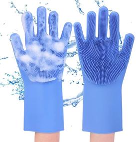 img 4 attached to 🧤 Silicone Dishwashing Gloves with Scrubber | Reusable Cleaning Scrub Gloves for Kitchen, Bathroom, and Dish Wash | Blue, 1 Pair (Right + Left Hand)